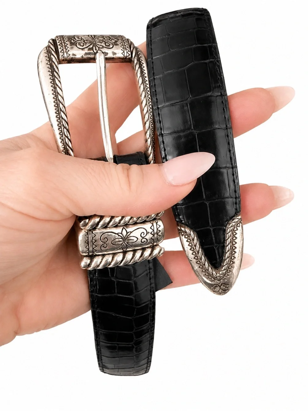 Brighton Black Croc-Embossed Leather Belt with Ornate Silver Buckle
